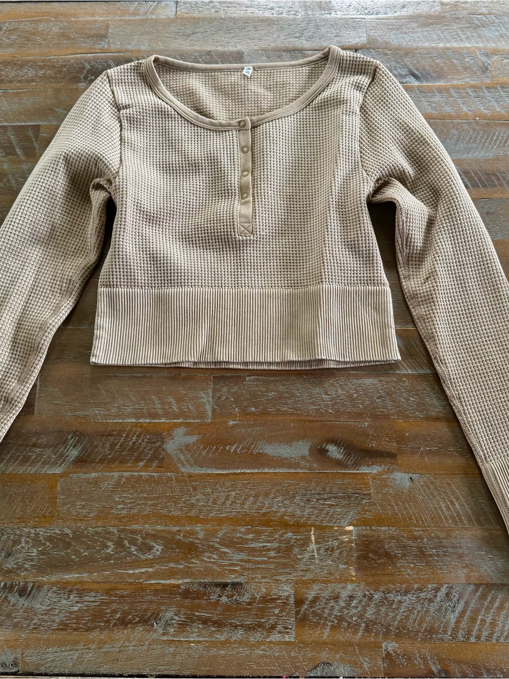 aerie Beige Waffle Knit Long Sleeve Crop Top